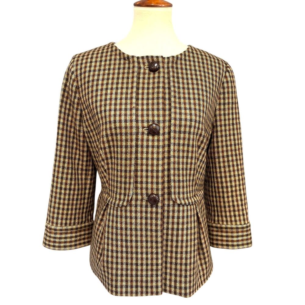 Vintage Wool Talbots brown and cream plaid blend blazer jacket Size 12